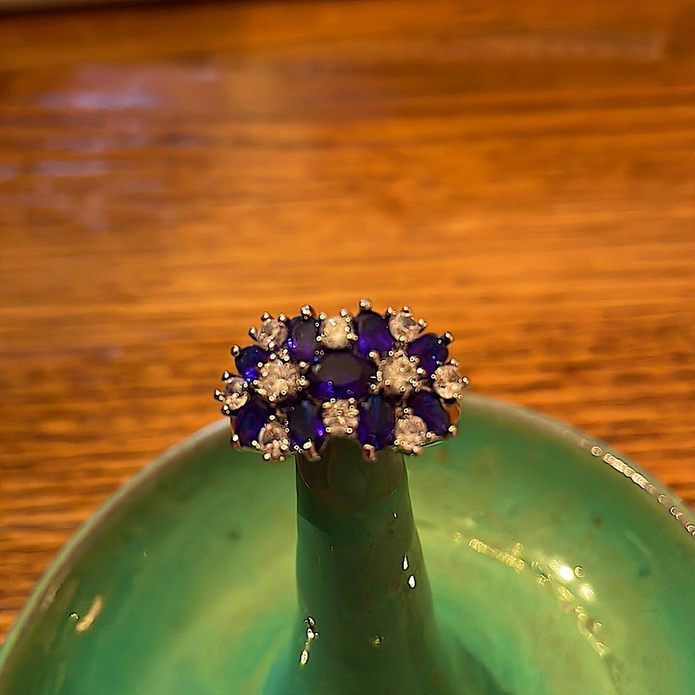 Double flower White and Blue cubic zirconia ring size 7